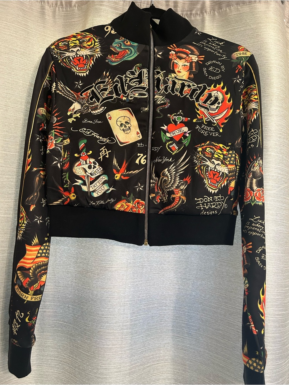 Ed Hardy Black Tattoo-Print Crop Bomber Jacket with Multicolor Accents